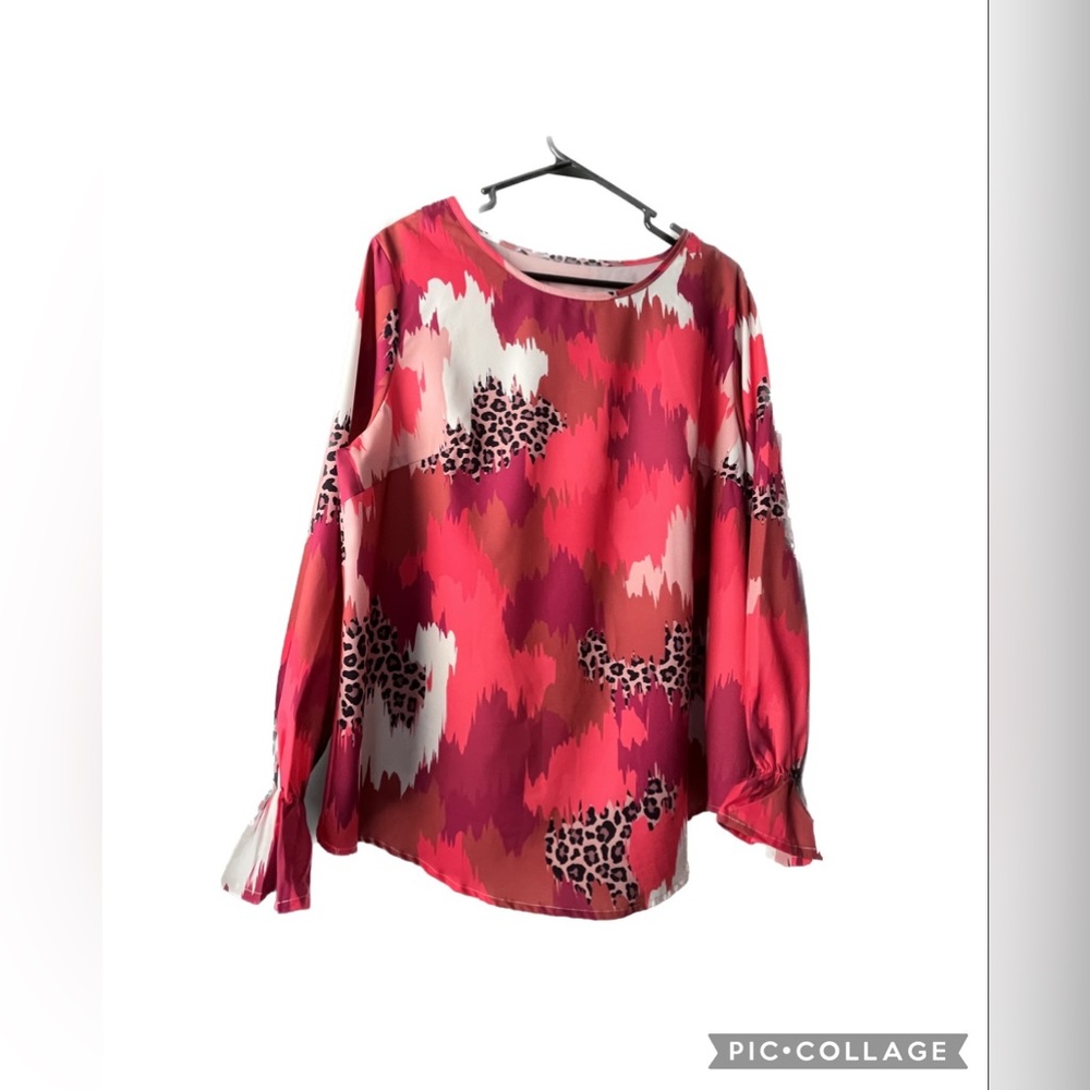 LIKE NEW SHEIN Plus Leopard Print Flounce Sleeve Blouse - Hot Pink - Sz 0XL - Picture 3 of 6